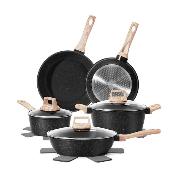 12 Pcs Nonstick Black Granite Die-Cast Aluminum Cookware Set with Stay-Cool Handles and Tempered Glass Lids