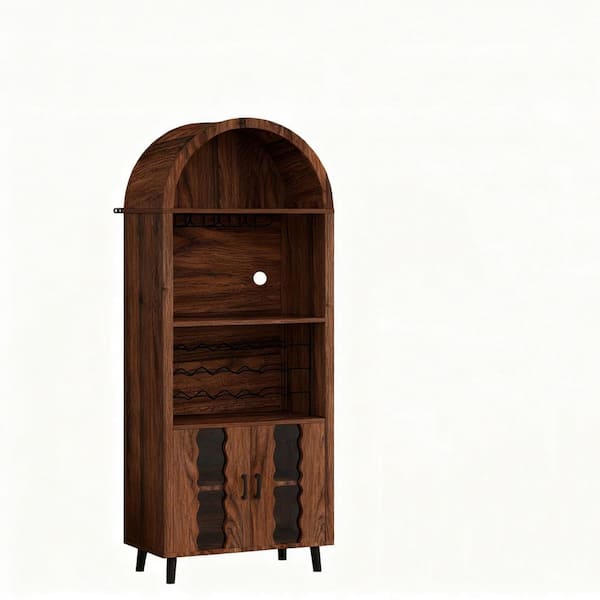 25.59 in W x 16.1 in D x 71 in H Farmhouse Arched Bar Cabinet in Brown, Arched Display Cabinet w/ Wine Glass Holder