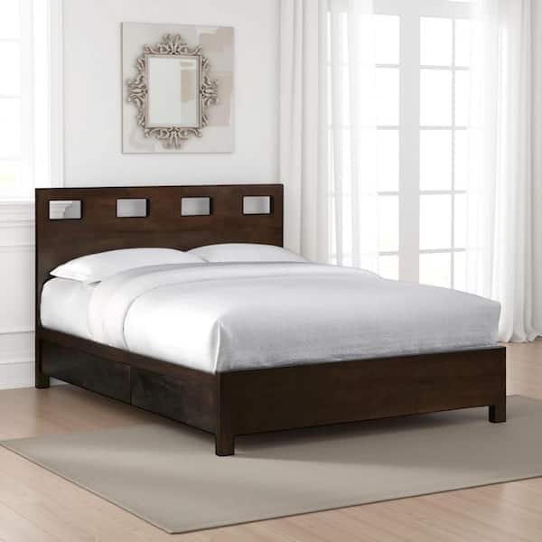 Yee Brown Wood Frame King Panel Bed with Cut Out Headboard and 4-Side Drawers