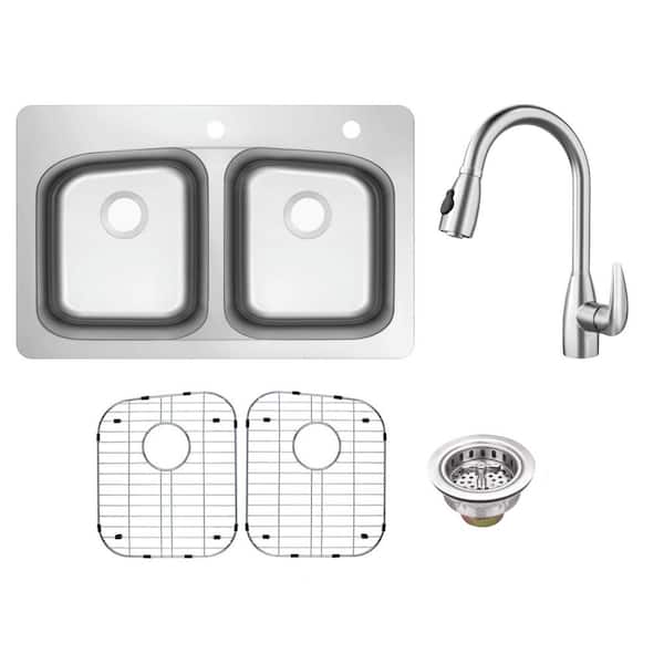 33 in. Drop-In/Undermount 50/50 Double Bowl Stainless Steel 18 Gauge Kitchen Sink with Pull Out Sprayer Kitchen Faucet
