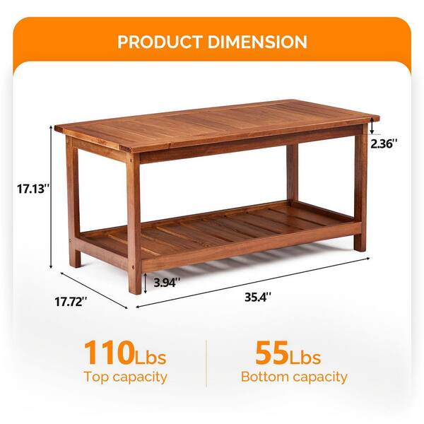 VINGLI Wood Outdoor Coffee Table, 2-Tier Storage Rectangle Patio