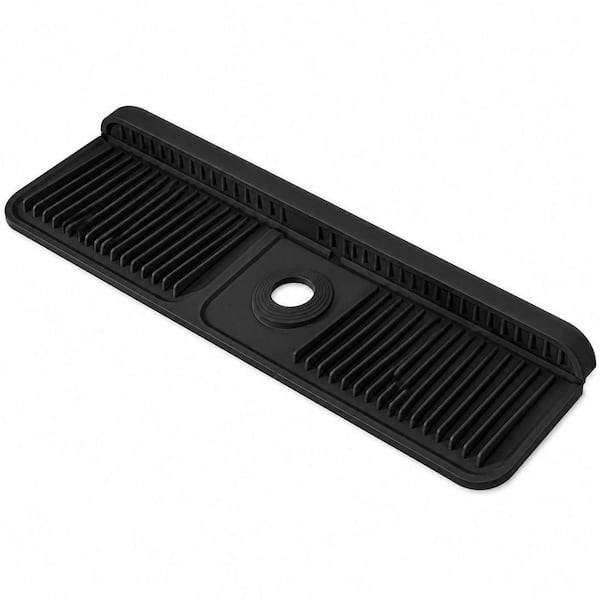 Black Silicone Faucet Splash Guard Mat for Kitchen Sink with 7° Slope, Foldable Design and Cuttable Hole