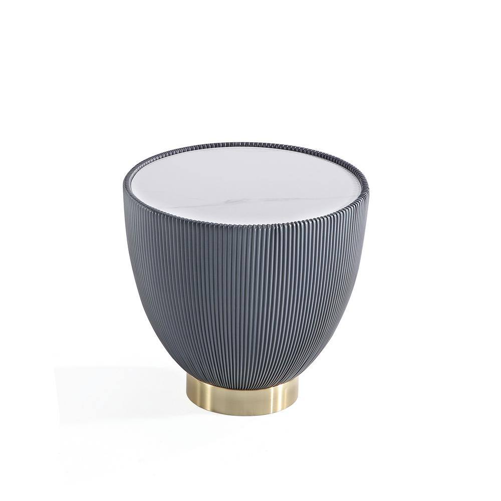 Anderson Round Grey Leatherette End Tables with Gold Base, Set of 2