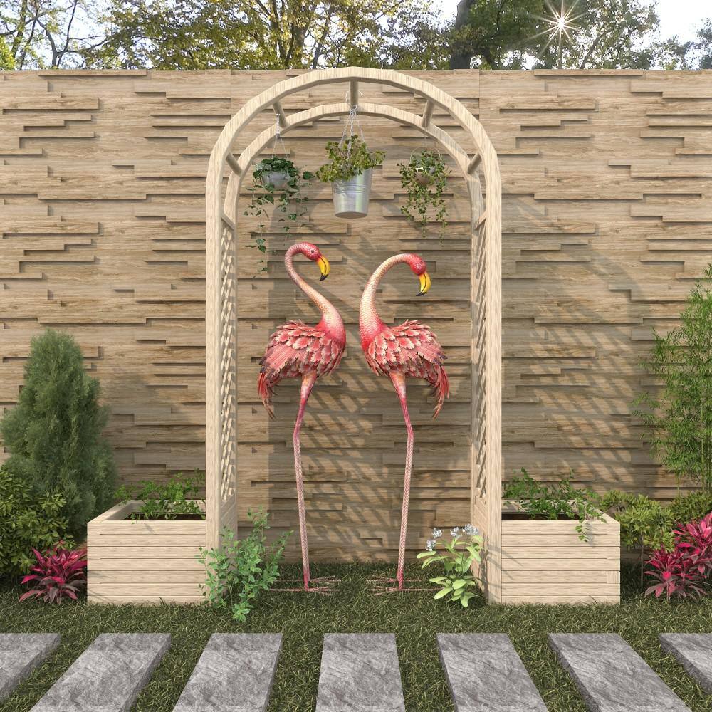 Pink and Yellow Iron Flamingo Garden Sculptures, Set of 2