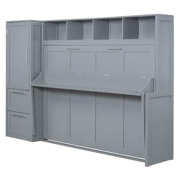 Qualler Gray Wood Frame Queen Size Murphy Bed with Closet and Drawers