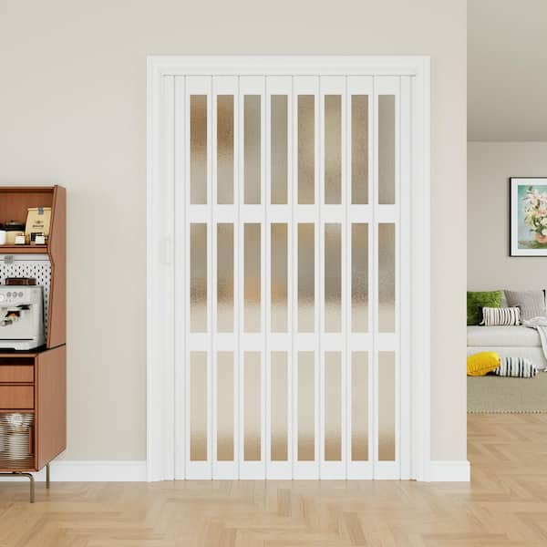 Blackout Door 48 in. x 80 in. White Dual 3-Lite PVC Accordion Door with Frosted Acrylic Glass with Hardware Kit