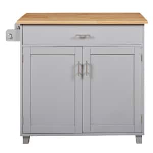 Rolling Gray Drop Leaf Rubber Wood Top 39 in. Kitchen Island with Internal Storage Racks and Solid Wood Cabinet Feet