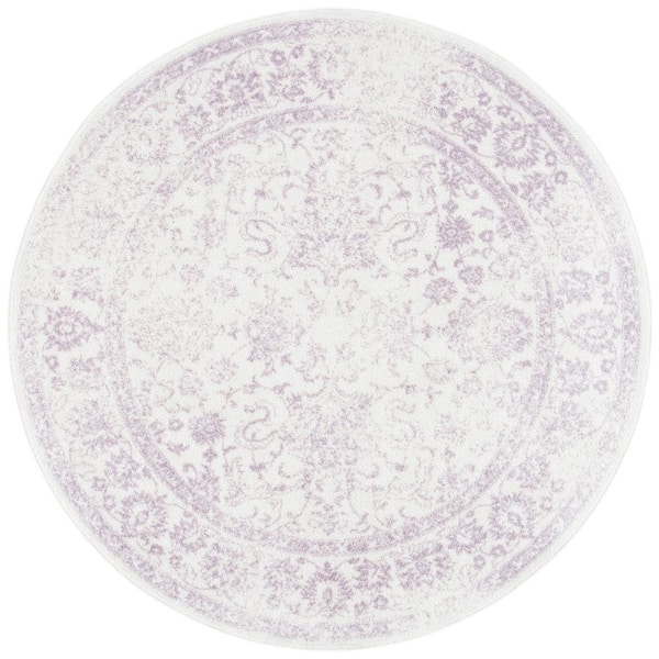 Adirondack Ivory/Lavender 3 ft. x 3 ft. Border Distressed Round Area Rug