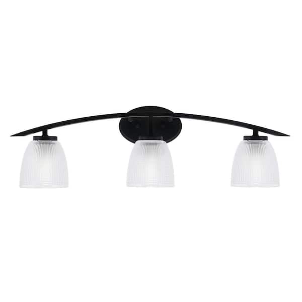 Unbranded Siena 29 in. 3-Light Vanity Light Matte Black with Clear Ribbed Glass Shades