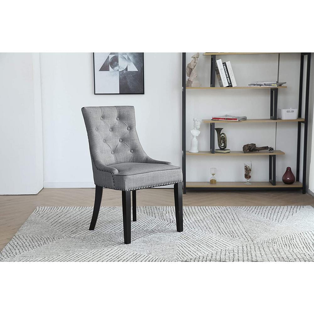 Elegant Sloped Armrest Tufted Light Gray Upholstered Dining Chair Set