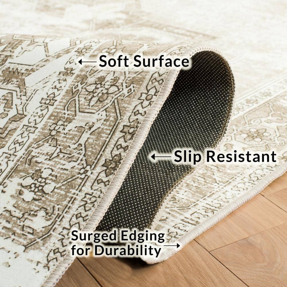 Ivory and Sage Square Washable Synthetic Area Rug