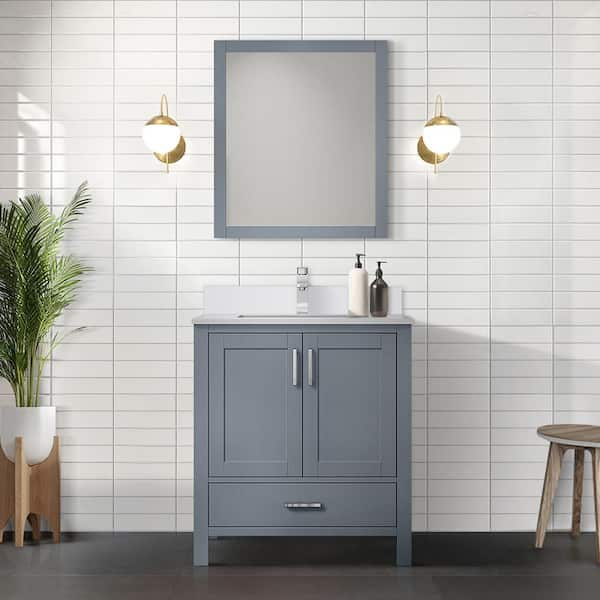 Lexora Jacques 30 in. W x 22 in. D Dark Grey Bath Vanity, White Quartz Top, Faucet Set, and 28 in. Mirror