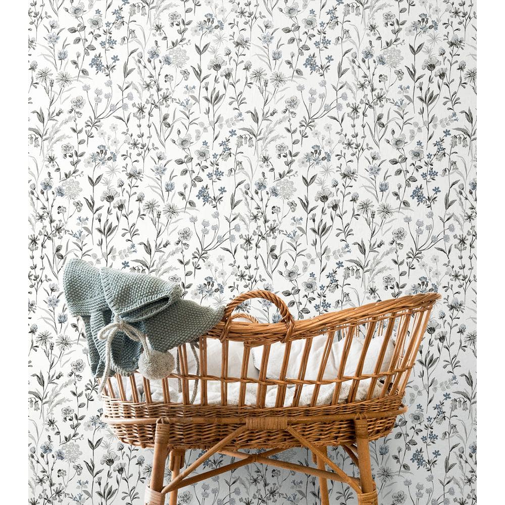 Charcoal and Bluestone Floral Peel and Stick Wallpaper