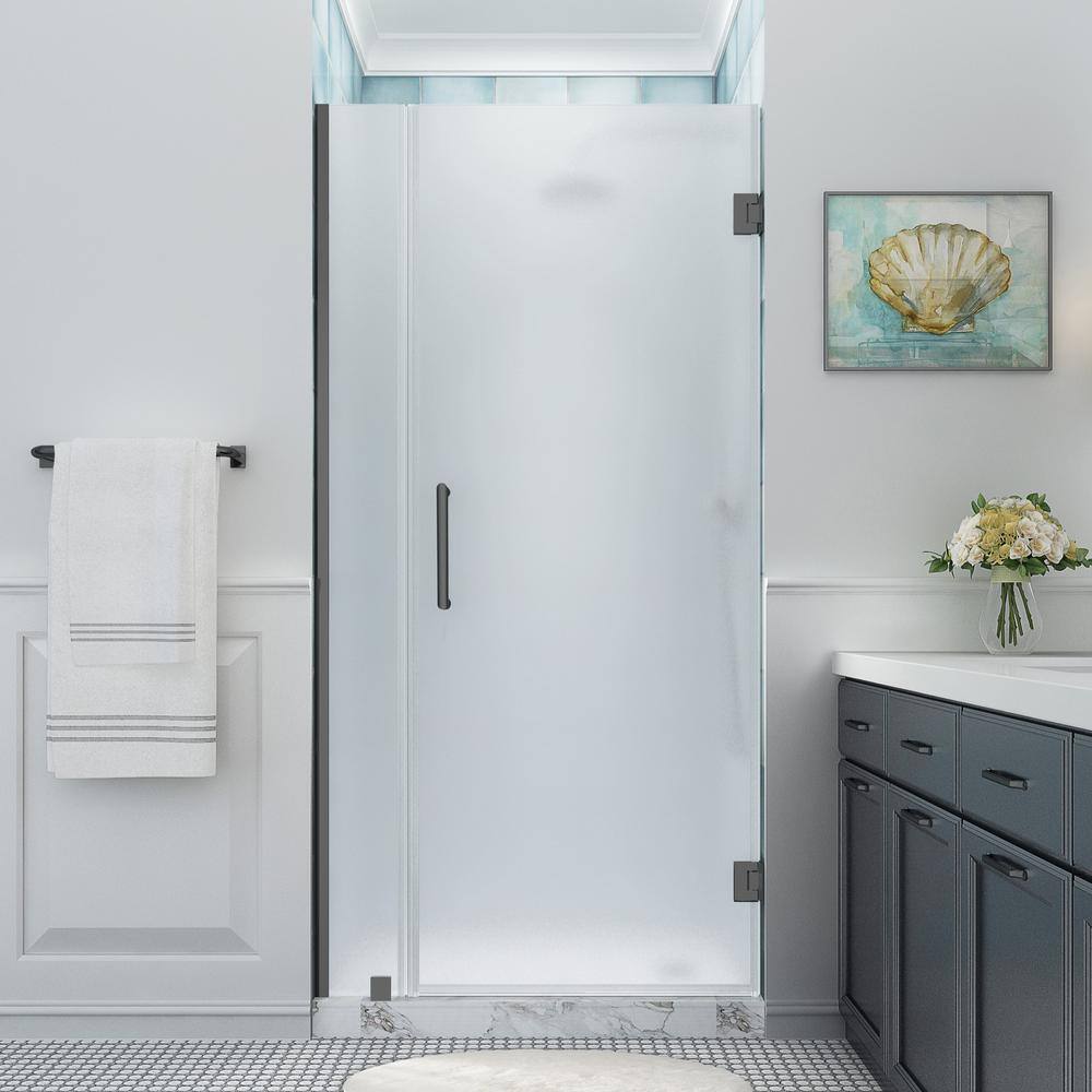 Belmore XL Matte Black Frameless Hinged Shower Door with Frosted Glass