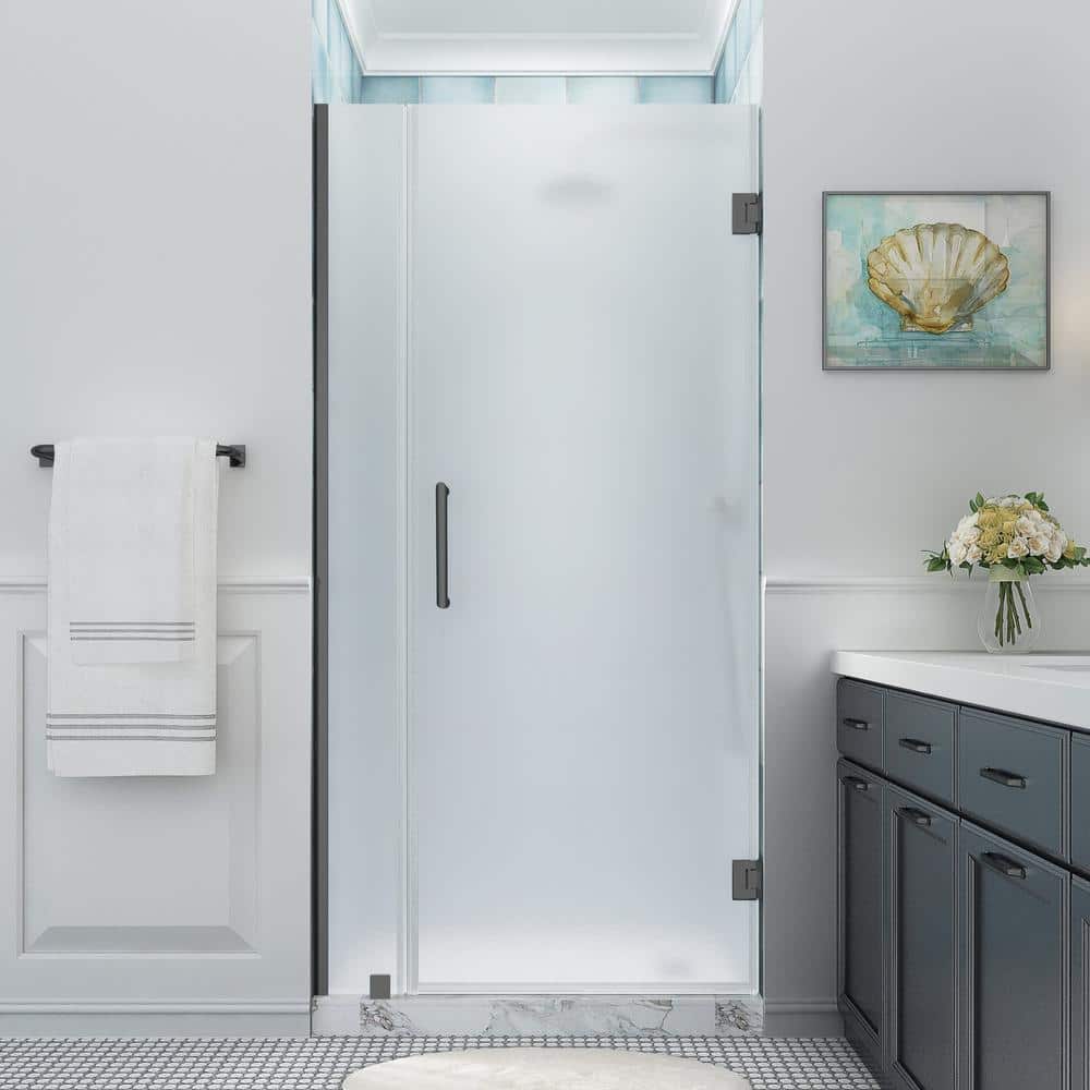 Belmore XL Matte Black Frameless Hinged Shower Door with Frosted Glass