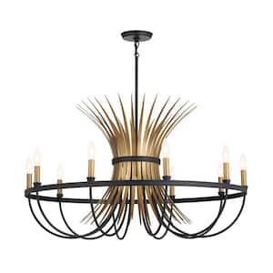 Baile 37 in. 10-Light Natural Brass and Black Vintage Candle Circle Chandelier for Dining Room