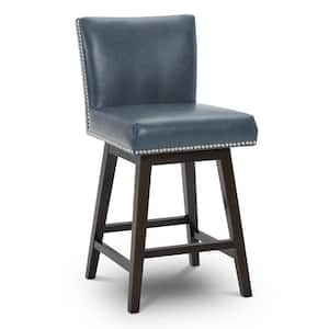 Frank 26 in. Ink Blue High Back Solid Wood Frame Swivel Counter Height Bar Stool with Faux Leather Seat