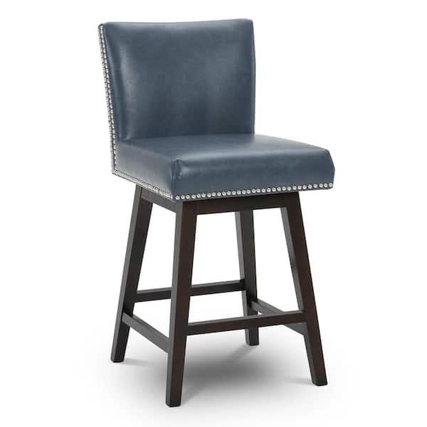 Spruce & Spring Frank 26 in. Ink Blue High Back Solid Wood Frame Swivel Counter Height Bar Stool with Faux Leather Seat