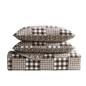 Gingham Patchwork 2-Piece White/Brown Cotton Twin Quilt Set