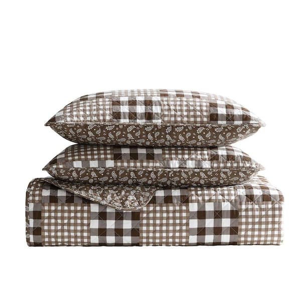 Eddie Bauer Gingham Patchwork 2-Piece White/Brown Cotton Twin Quilt Set