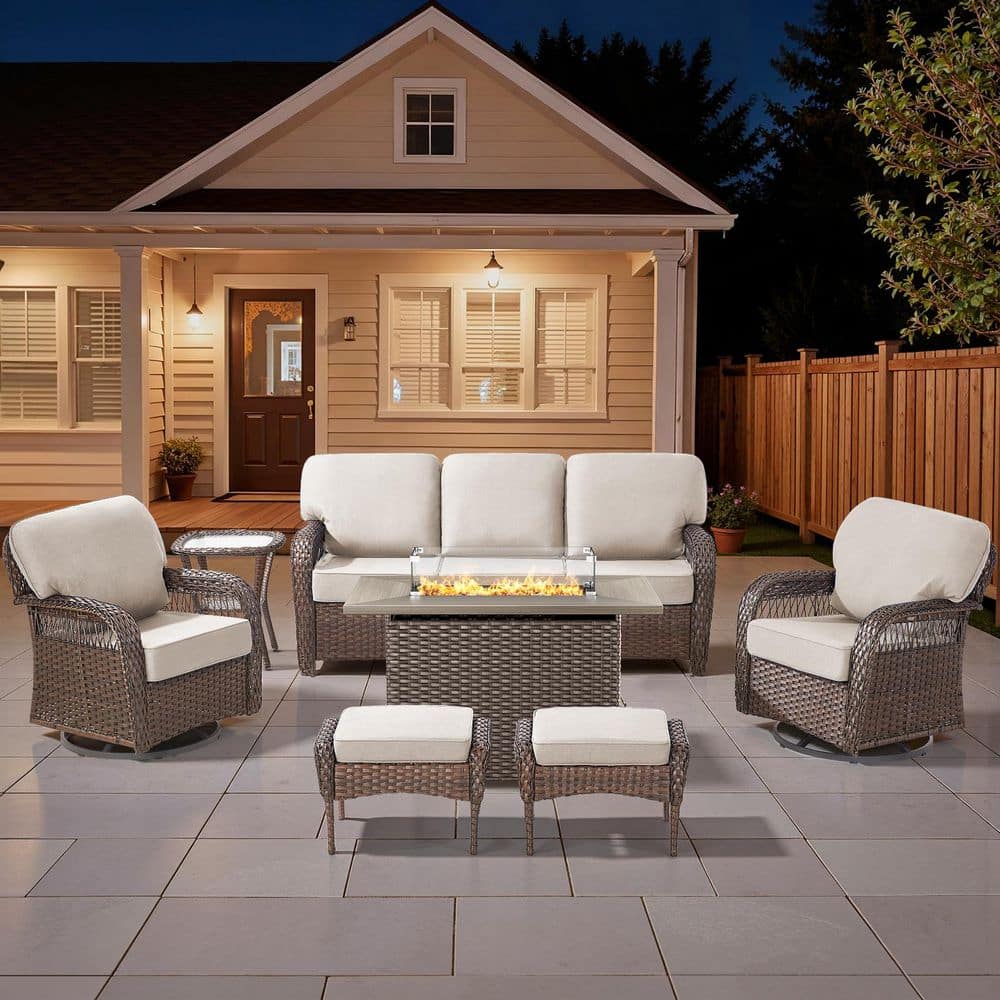 Tyber 7-Piece Brown Wicker Outdoor Fire Pit Patio Conversation Sofa Sets with Swivel Glider Chairs with Beige Cushions price history on PriceWatchPro