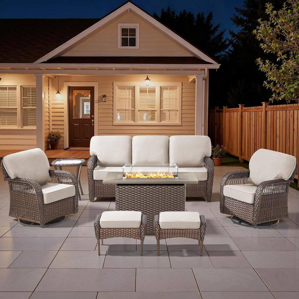 Tyber 7-Piece Brown Wicker Outdoor Conversation Set Patio Swivel Rocking Chair Sets with 5 in. Thick Beige Cushions price history on PriceWatchPro