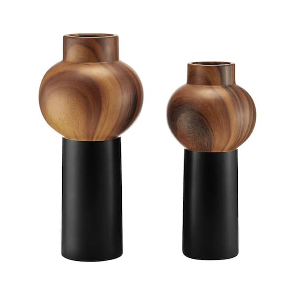 DANYA B Milo Slickpin Sphere Shape Ceramic 2 Piece 11.7 in. H Modern 2 Tone Multi-Colored Tabletop Vase Set Black and Walnut