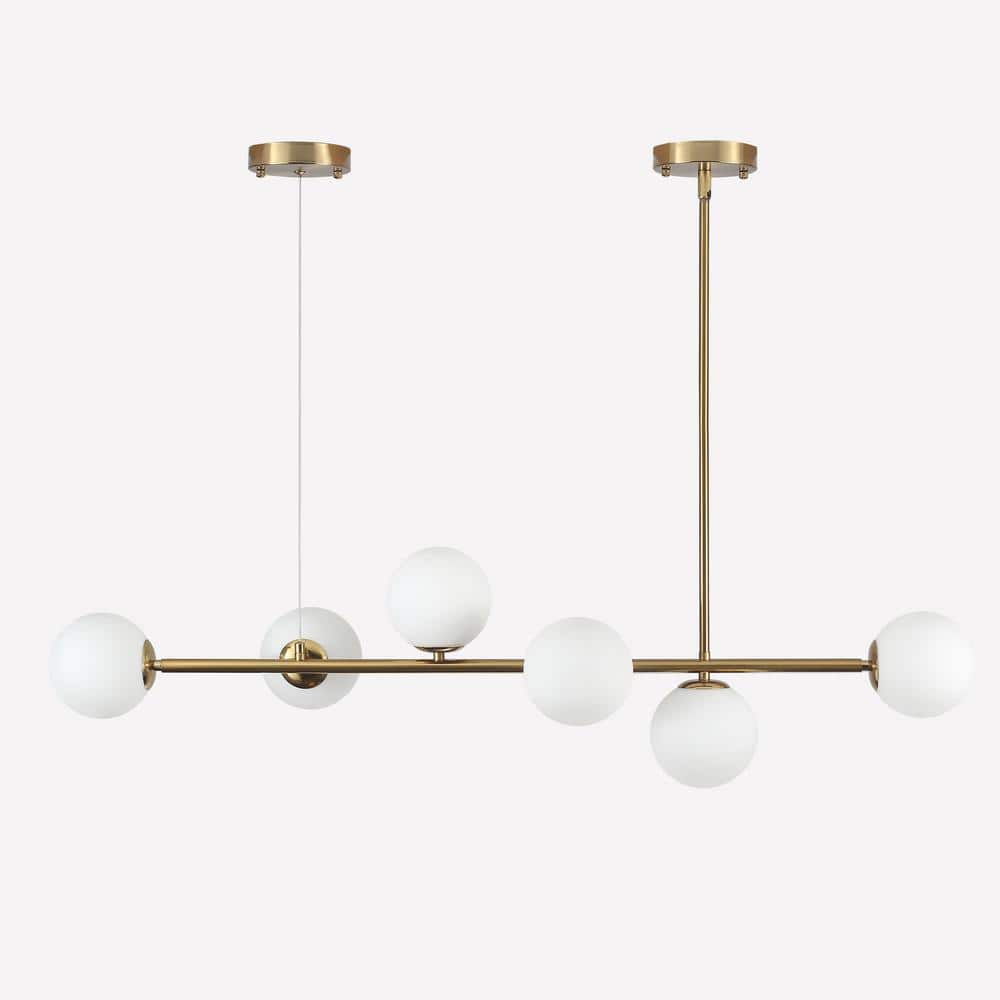 Modern Brass Linear Sputnik Chandelier with Milk Glass Shades