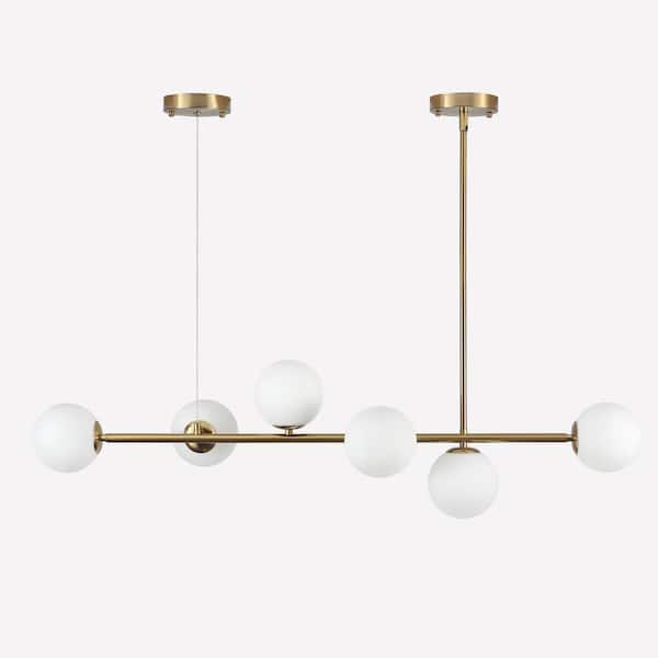 Rviezza Modern 6-Light Sputnik Brass Chandelier, Glass Globe Linear Hanging Pendant Light