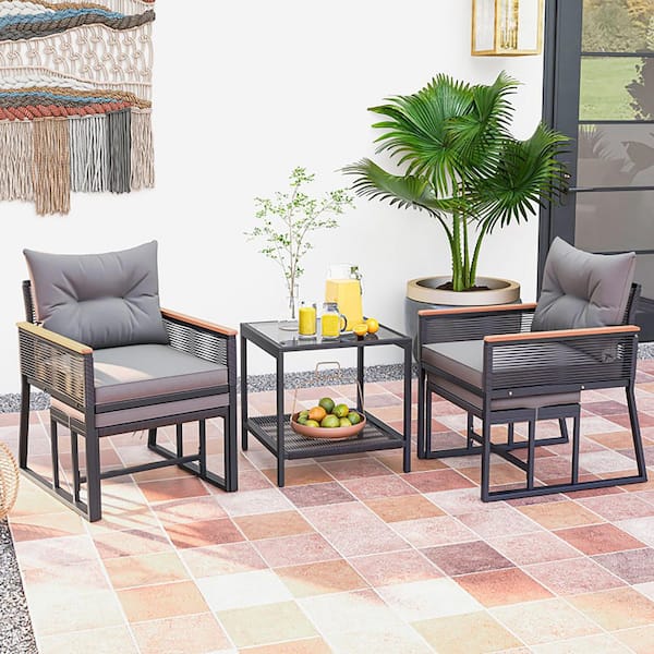 Boyel Living 5-Piece Metal Outdoor Rattan Conversation Set with 2-Layer Side Table and 2-Ottomans-Gray Cushions