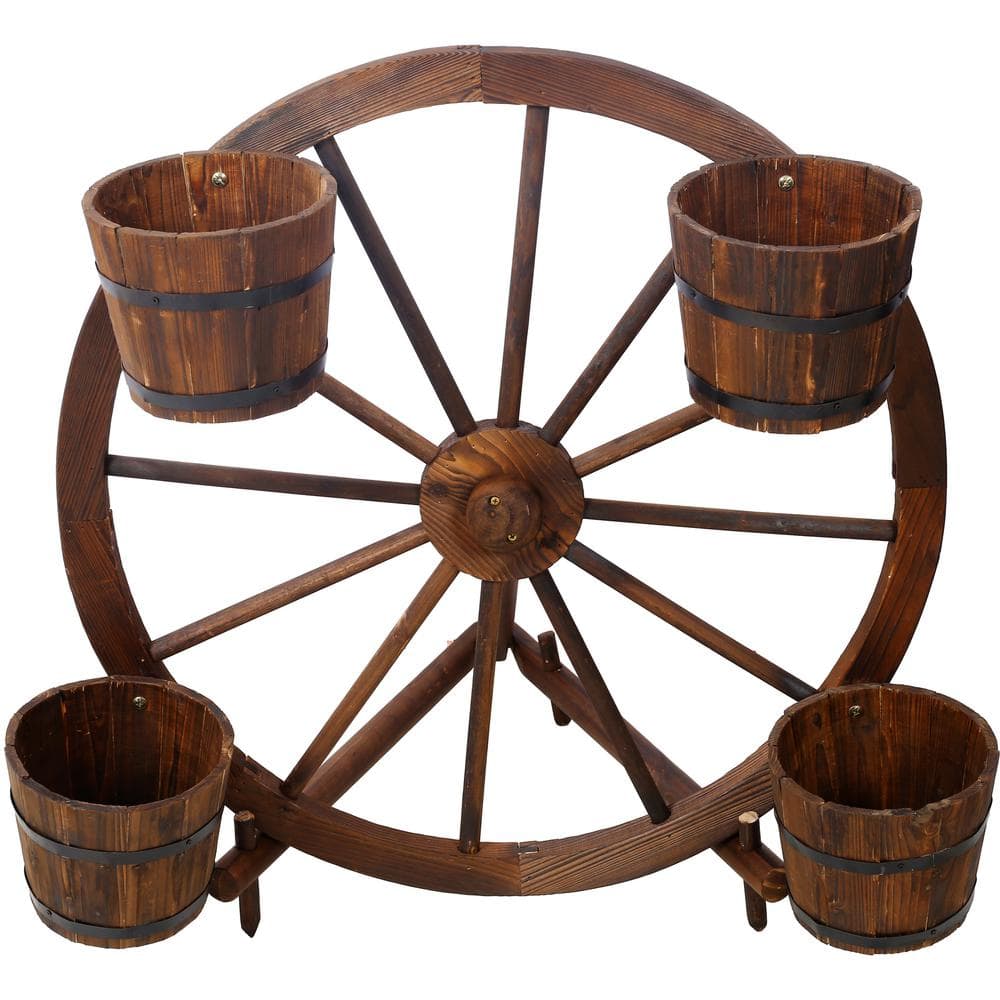 34 in. Dia Brown Wood Outdoor Planter Wagon Wheel Barrel Display