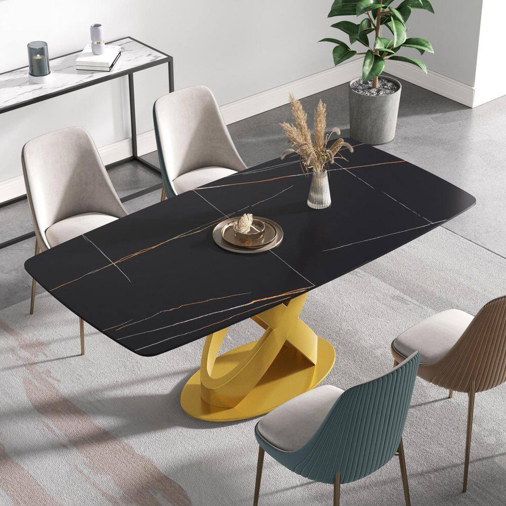 70.87 in. Modern Rectangular Black Sintered Stone Top Golden Carbon Steel Cross Legs Dining Table (6 Seats)