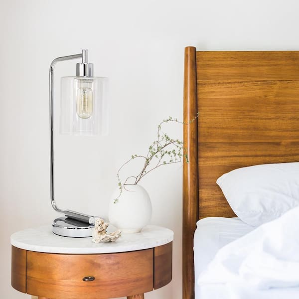 19 in. Bronson Antique Style Chrome Industrial Iron Lantern Desk Lamp with Glass Shade