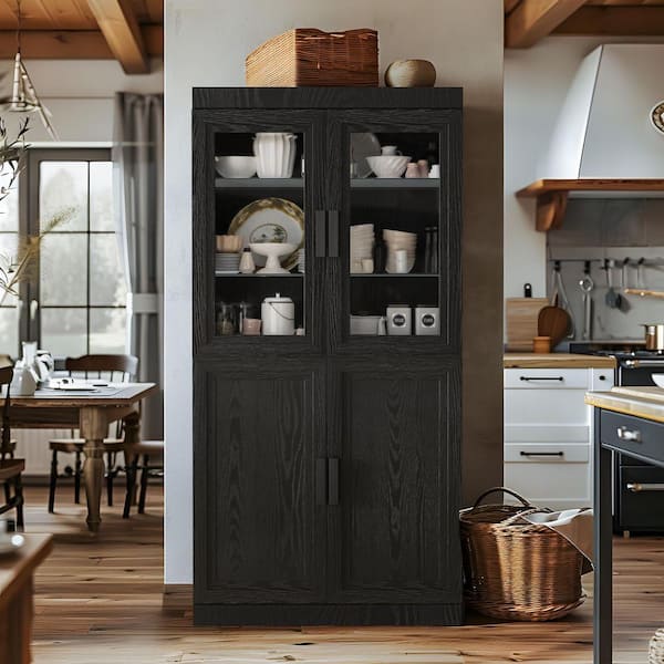 Black Wood 31 in. W x 62 in. H Classic Kitchen Pantry Cabinet with Glass Doors and Adjustable Shelves