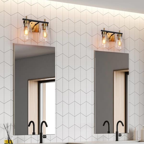 13 in. 2-Light Modern Mid-Century Black Powder Room Vanity Light, Brass Bathroom Wall Sconce with Seeded Glass Shade