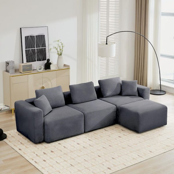JEAREY 112.2 in. Width Corduroy Fabric Modular Sectional Sofa Couch with Ottoman for Living Room in Dark Gray