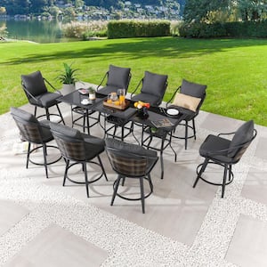 11-Piece Wicker Bar Height Outdoor Dining Set with Gray Cushions