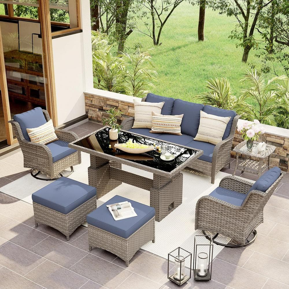 7-Piece Grey Wicker Outdoor Conversation Set with Lift Table, Swivel Rockin