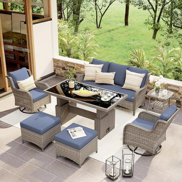 Freestyle 7-Piece Grey Wicker Outdoor Conversation Set with Lift Table, Swivel Rocking Chairs, Blue Cushions