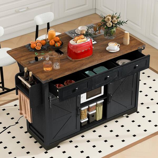 tunuo Kitchen Island Black Wood 53.75 in. W Kitchen Island