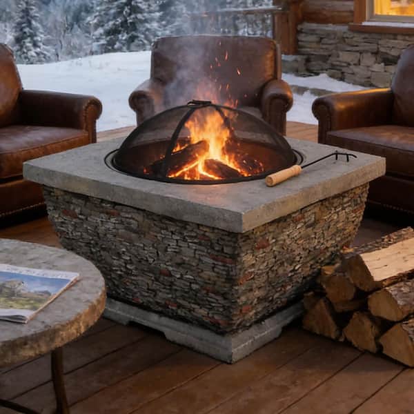 32 in. Stone Gray Square Wood Outdoor Fire Pit