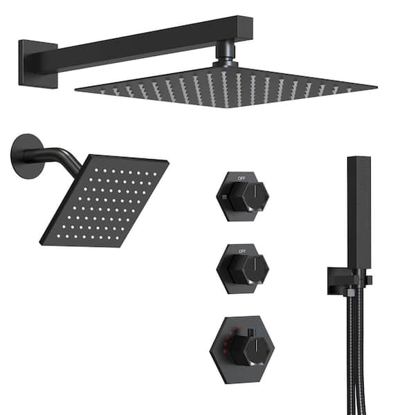 GRANDJOY FlexiRain Triple Handle 5-Spray Shower Faucet 2.5 GPM with Dual Rainfall ShowerHeads,Thermostatic Valve in Matte Black