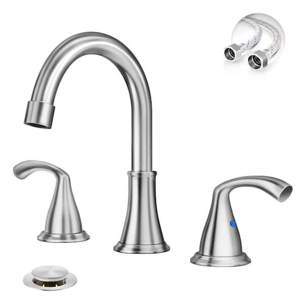 8 in. Brushed Nickel Widespread Bathroom Sink Faucet, 2-Handle 3-Hole Bathroom Faucet with Metal Pop Up Drain