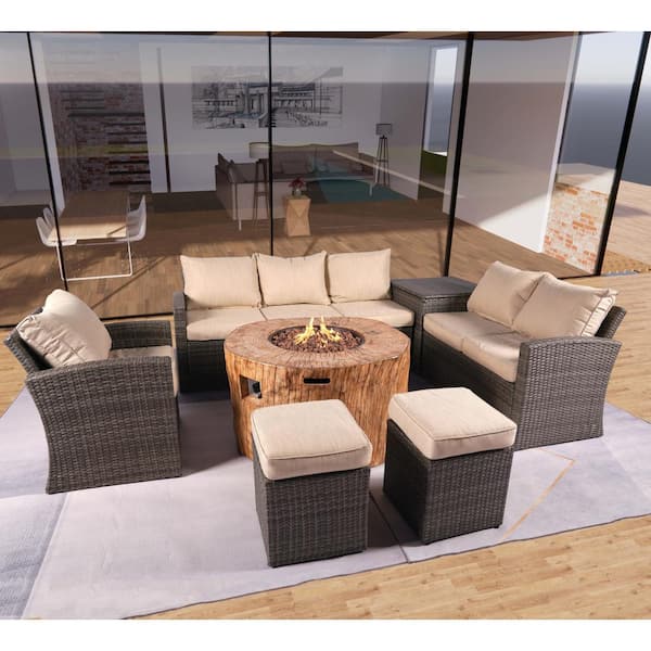 moda furnishings Venus 7-Piece Wicker Patio Conversation Set with Fire Pit
