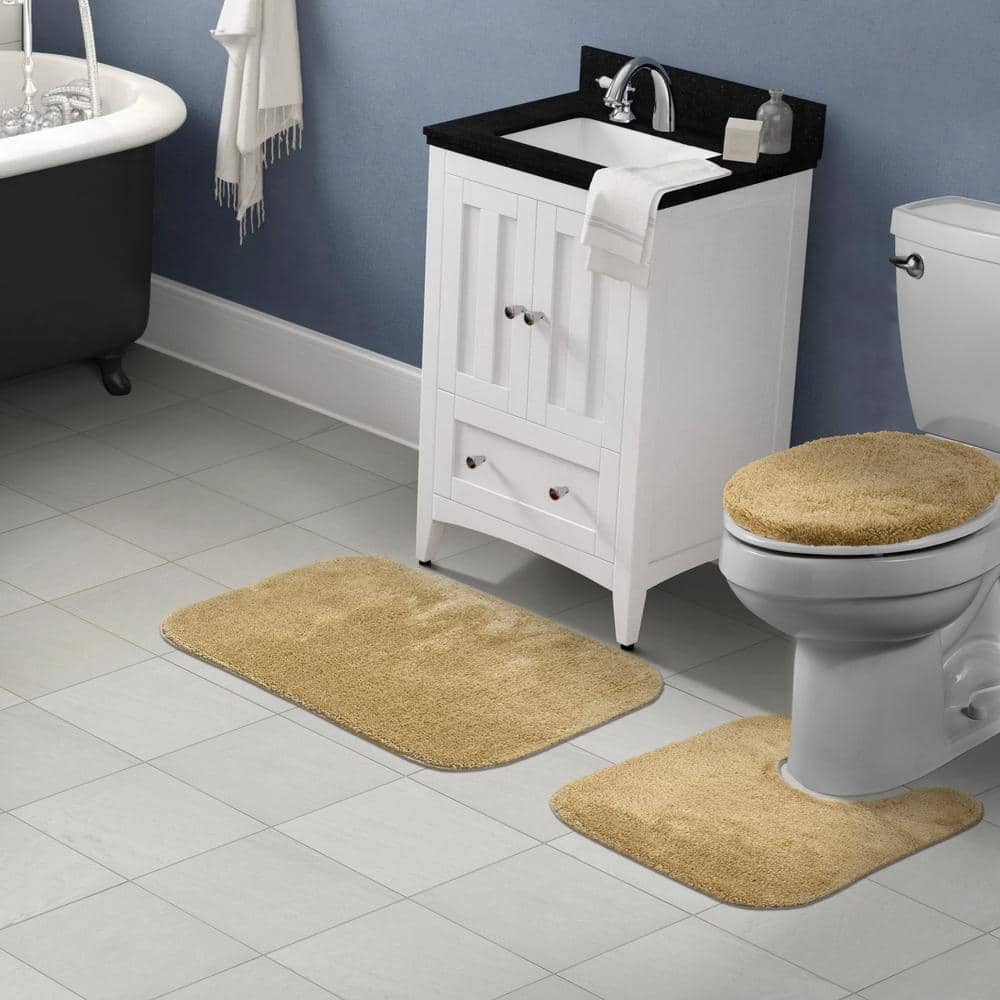 Beige Nylon Traditional 3-Piece Washable Bath Rug Set