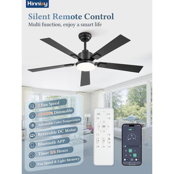 52 in. Indoor Matte Black Dimmable 6-Speed Quiet Down Rod Mount Standard Ceiling Fan with Lights and Remote DC Motor