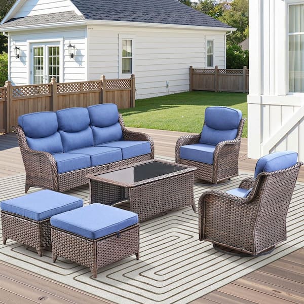 Moonluxe 6-Piece Brown Swivel Glider Wicker Patio Conversation Set with Navy Blue Olefin 6 In. Thick Cushion/Ottomans