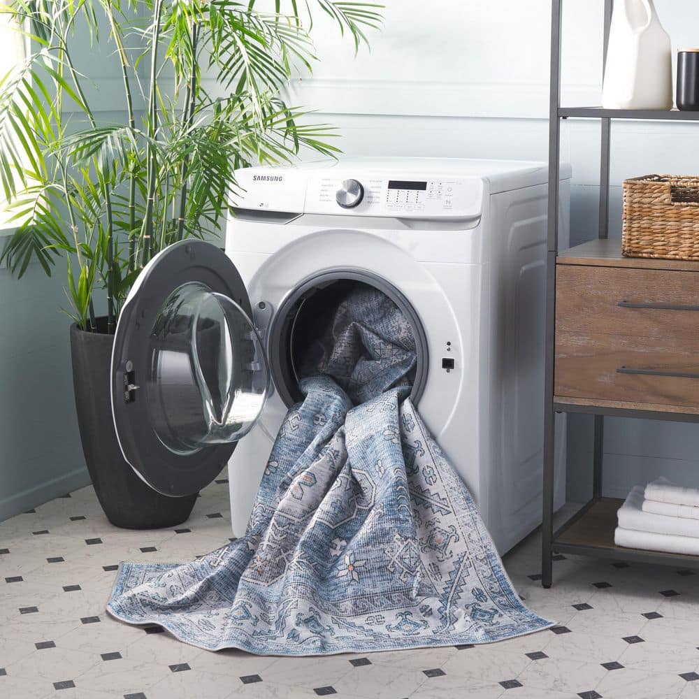 Light Blue Geometric Washable Synthetic Area Rug, 5' x 8'