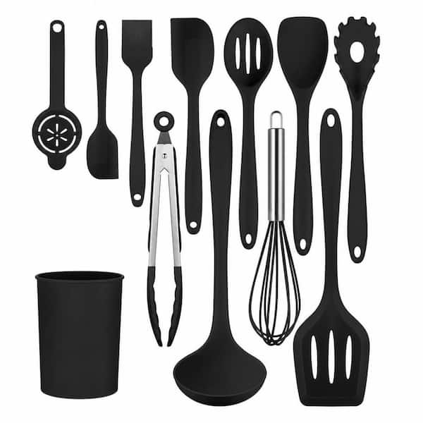 12-Piece Silicone Kitchen Utensils Set, 392°F Heat Resistant Spatula Set, Nonstick Cookware, Dishwasher Safe, Black