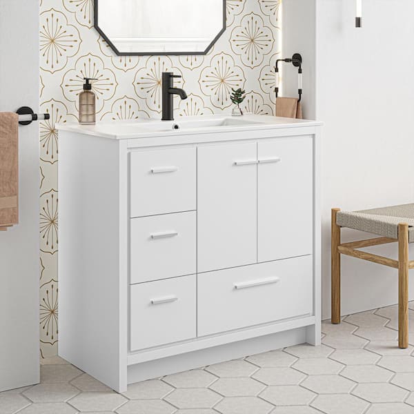 Swiss Madison Virage 18.3 in. W x 36 in. D x 33.46 in. H 1 Sink Freestanding Bath Vanity in White with White Ceramic Top